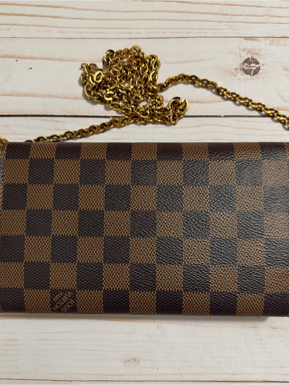Louis Vuitton Brown Damier Ebene Crossbody Wallet with Gold Chain - Picture 4 of 10